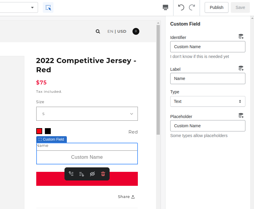 Screenshot of the shopify theme editor editing the Custom Field