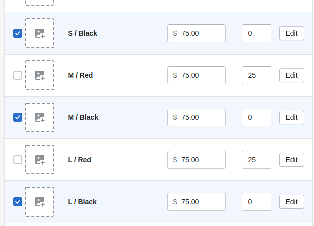 Screenshot where all black variants are selected